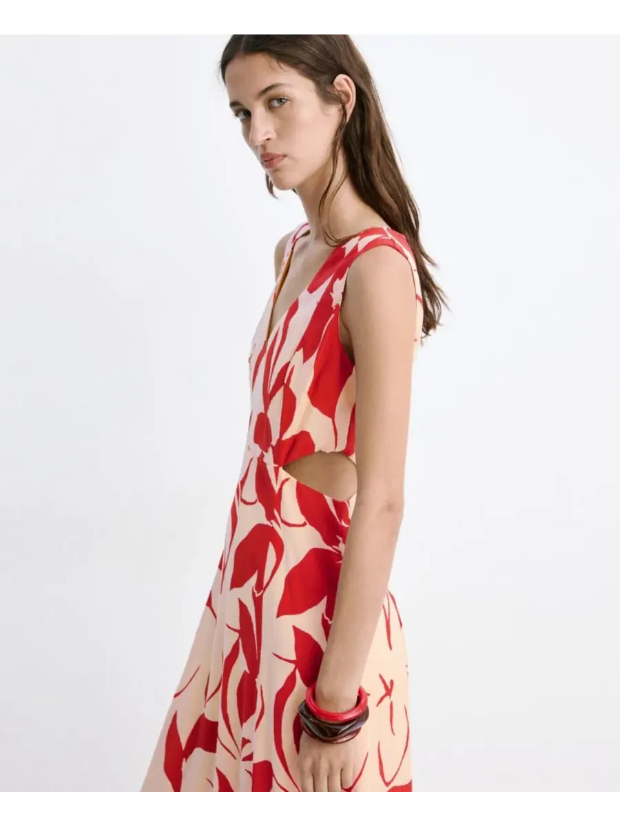 Платье-трапеция с принтом Cutouts Floral-Printed Dress MANGO — изображение 2 из 8, красный