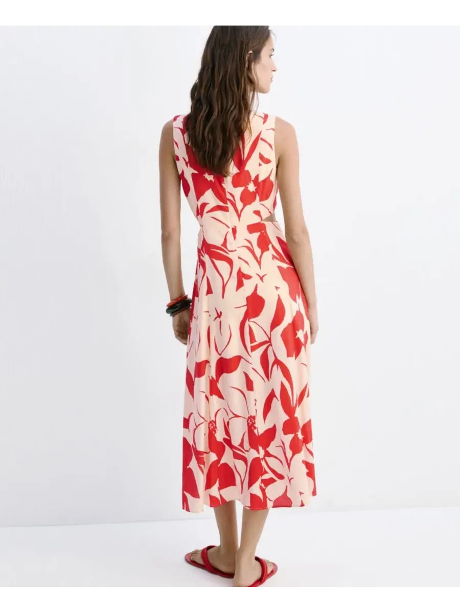 Платье-трапеция с принтом Cutouts Floral-Printed Dress MANGO — изображение 3 из 8, красный