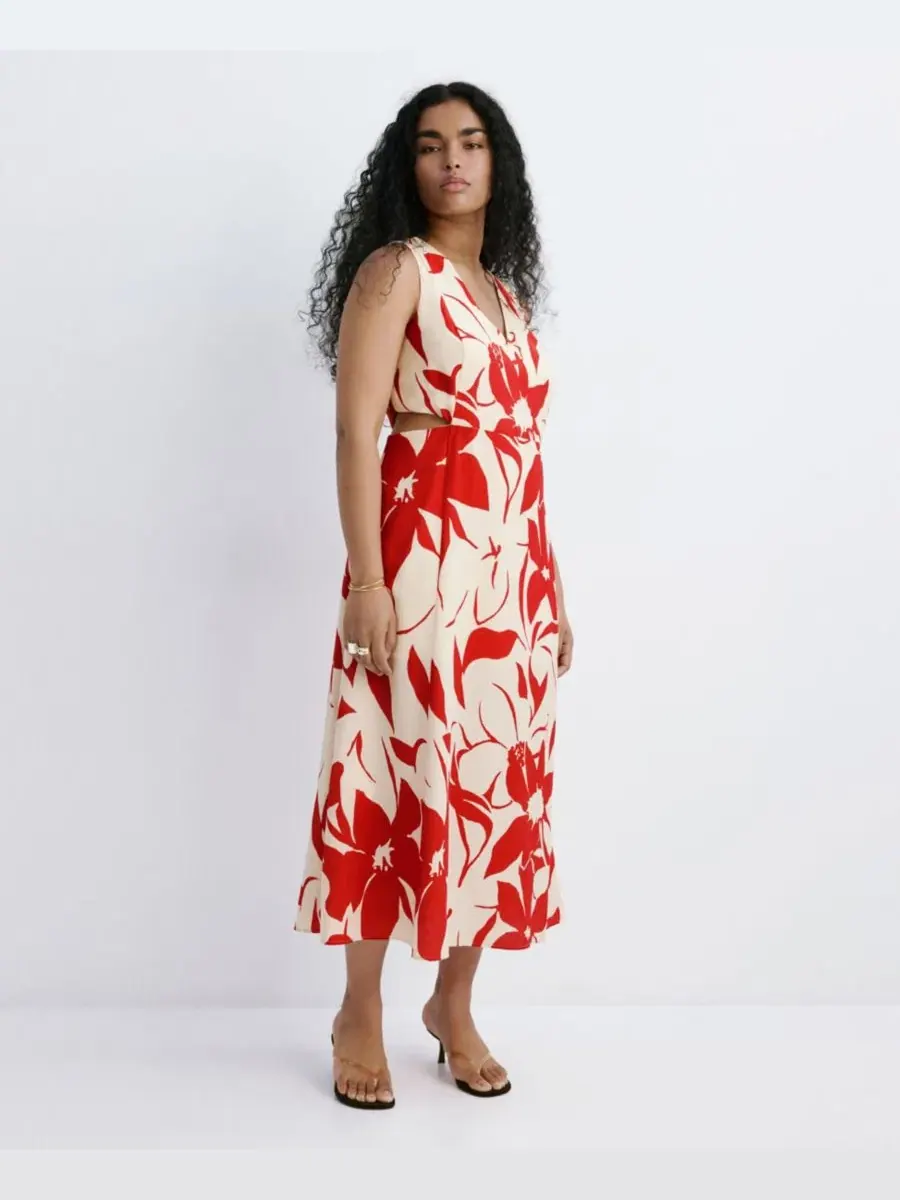 Платье-трапеция с принтом Cutouts Floral-Printed Dress MANGO — изображение 5 из 8, красный