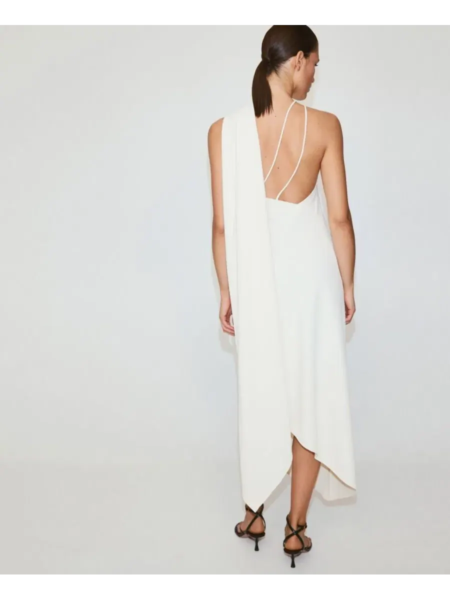 Платье асимметричное с шарфом Asymmetrical Dress With Scarf MANGO — изображение 6 из 12, светлый бежевый