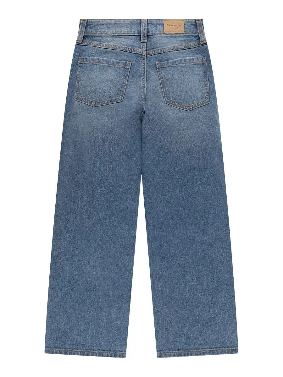 Джинсы с высокой посадкой, с потертостями abercrombie kids — изображение 2 из 4, синий