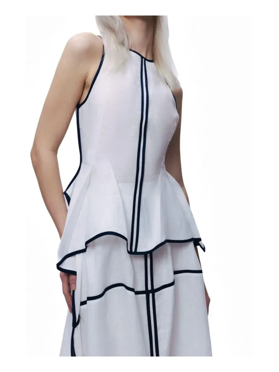 Топ-пеплум из льна с контрастной окантовкой Contrast Trim Peplum Top NOCTURNE — изображение 2 из 7, белый