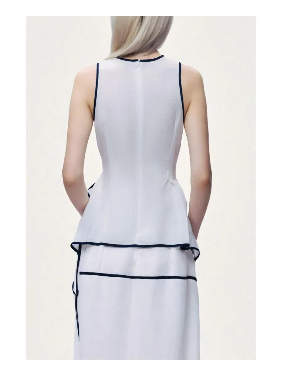 Топ-пеплум из льна с контрастной окантовкой Contrast Trim Peplum Top NOCTURNE — изображение 4 из 7, белый