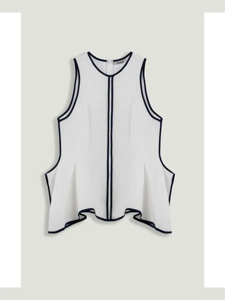 Топ-пеплум из льна с контрастной окантовкой Contrast Trim Peplum Top NOCTURNE — изображение 5 из 7, белый