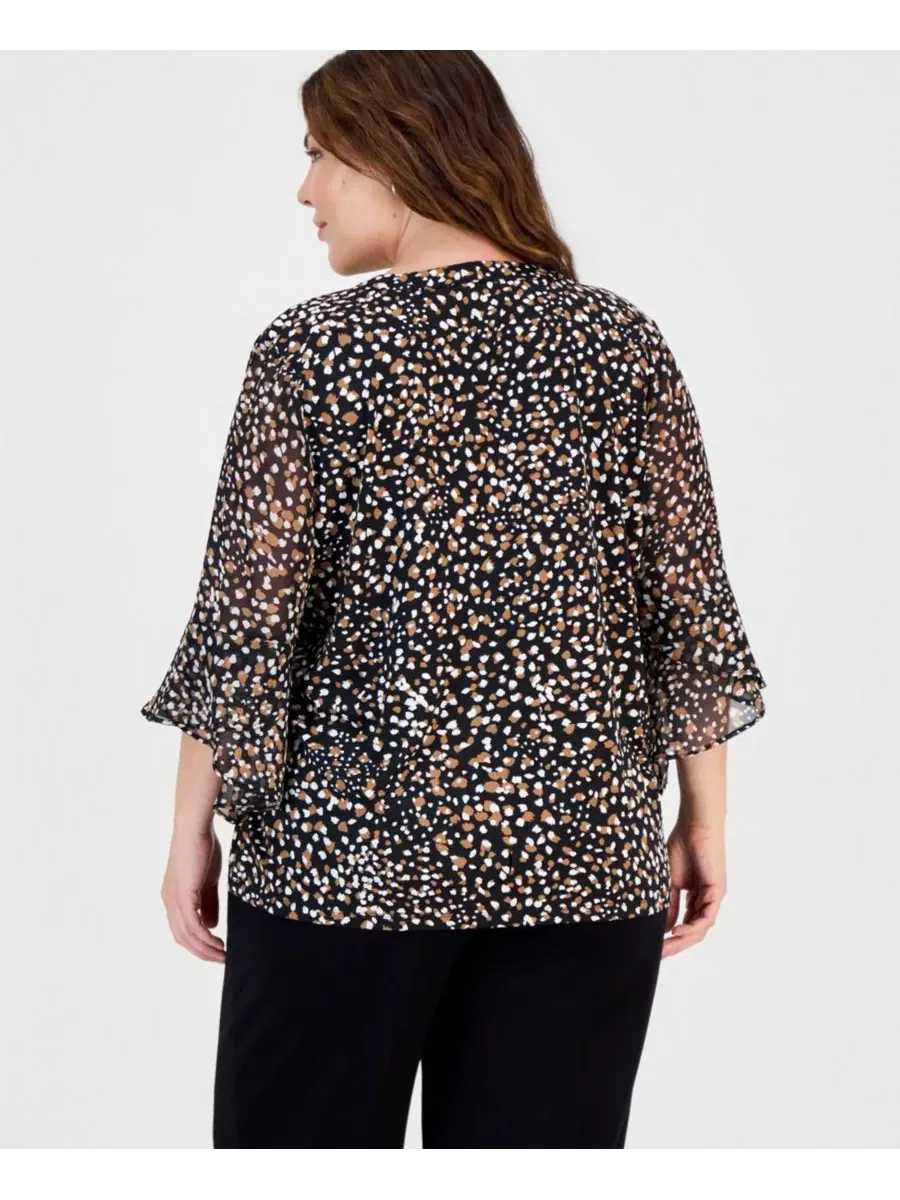 Блуза с V-образным вырезом, с рукавами 3/4 и манжетами-рюшами Anne Klein Essentials — изображение 2 из 3, черный/мульти