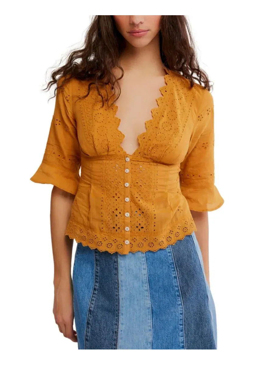 Блуза Salone Eyelet с V-образным вырезом и рукавом 3/4 Free People, Bronzer