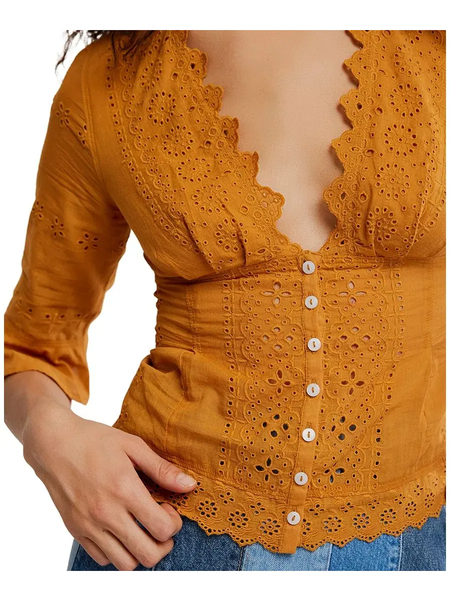 Блуза Salone Eyelet с V-образным вырезом и рукавом 3/4 Free People, Bronzer — изображение 4 из 6
