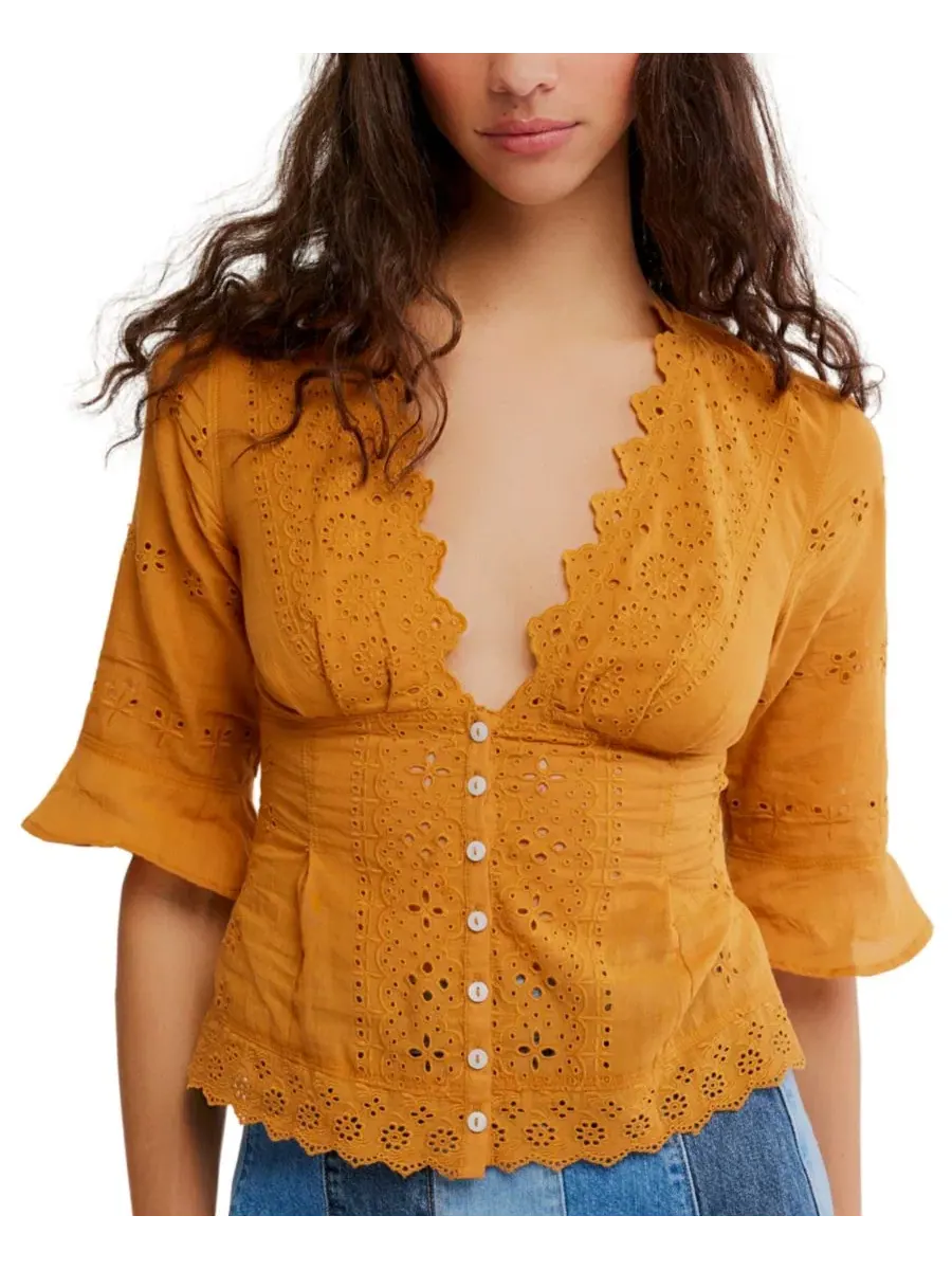 Блуза Salone Eyelet с V-образным вырезом и рукавом 3/4 Free People, Bronzer — изображение 6 из 6