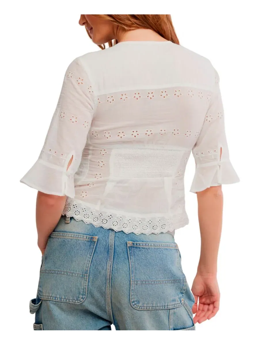 Блуза с вышивкой ажурной строчкой Salone Eyelet V-Neck 3/4-Sleeve Top Free People — изображение 5 из 6, слоновая кость
