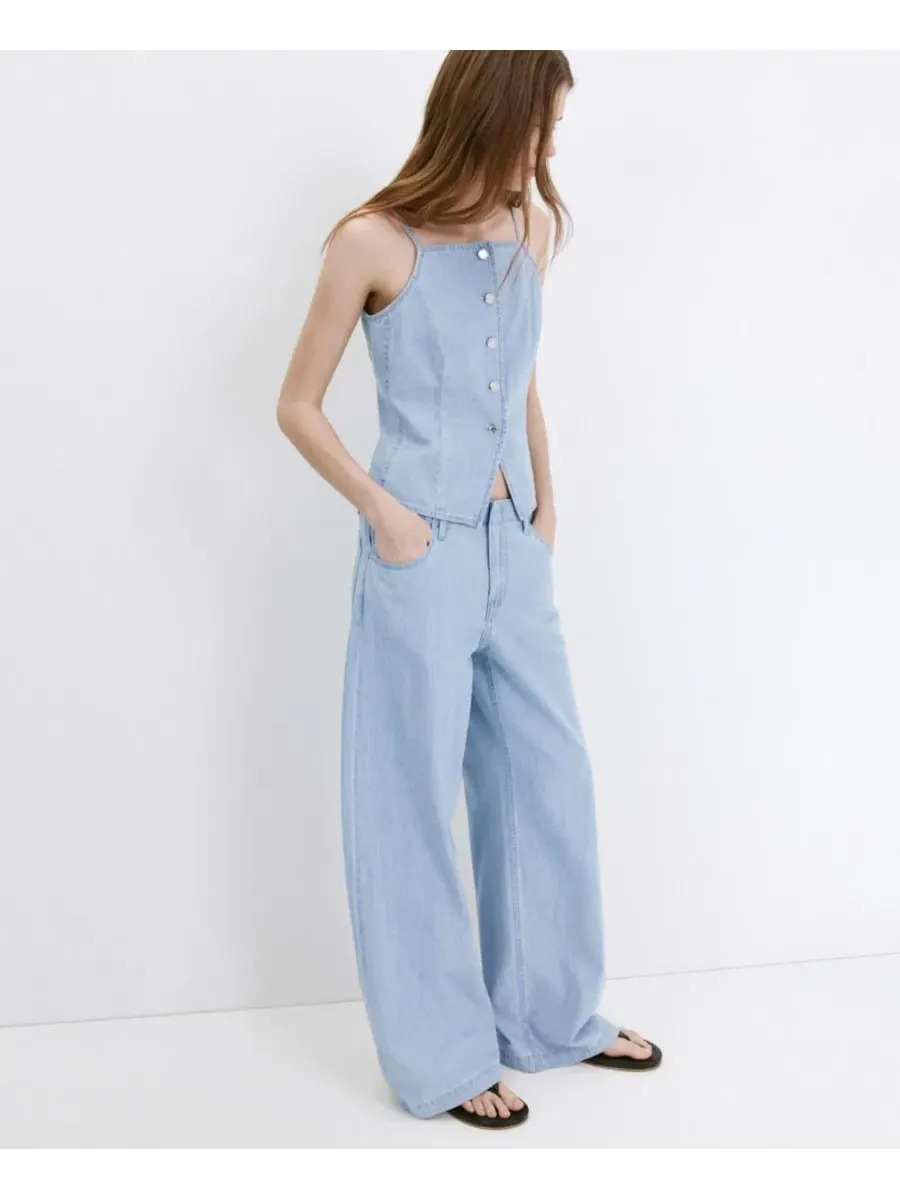 Джинсы с широкой штаниной и средней посадкой Mango Wide Leg Mid-Rise Jeans — изображение 2 из 9, светлый синий