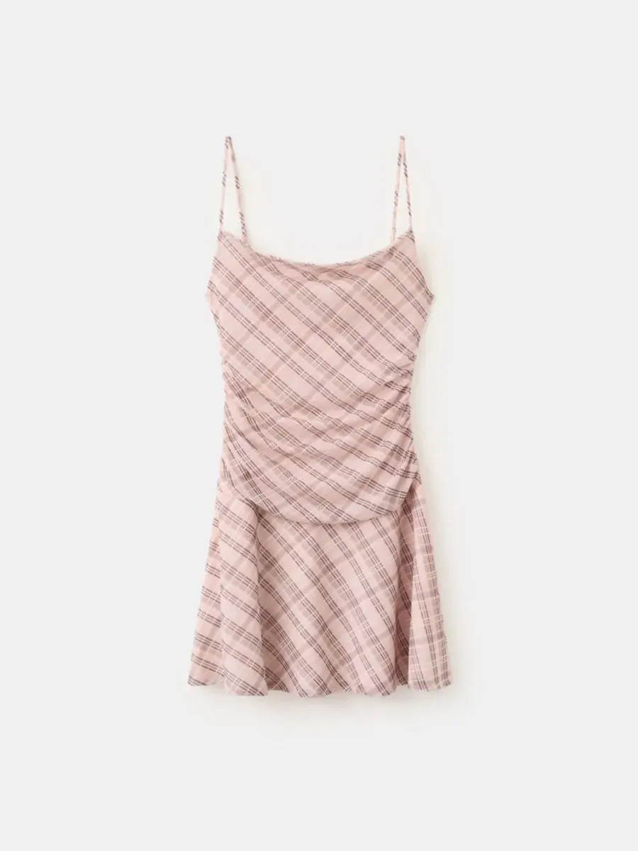 Платье с драпировкой и принтом в клетку Gathered Check Dress MANGO — изображение 2 из 8, розовый