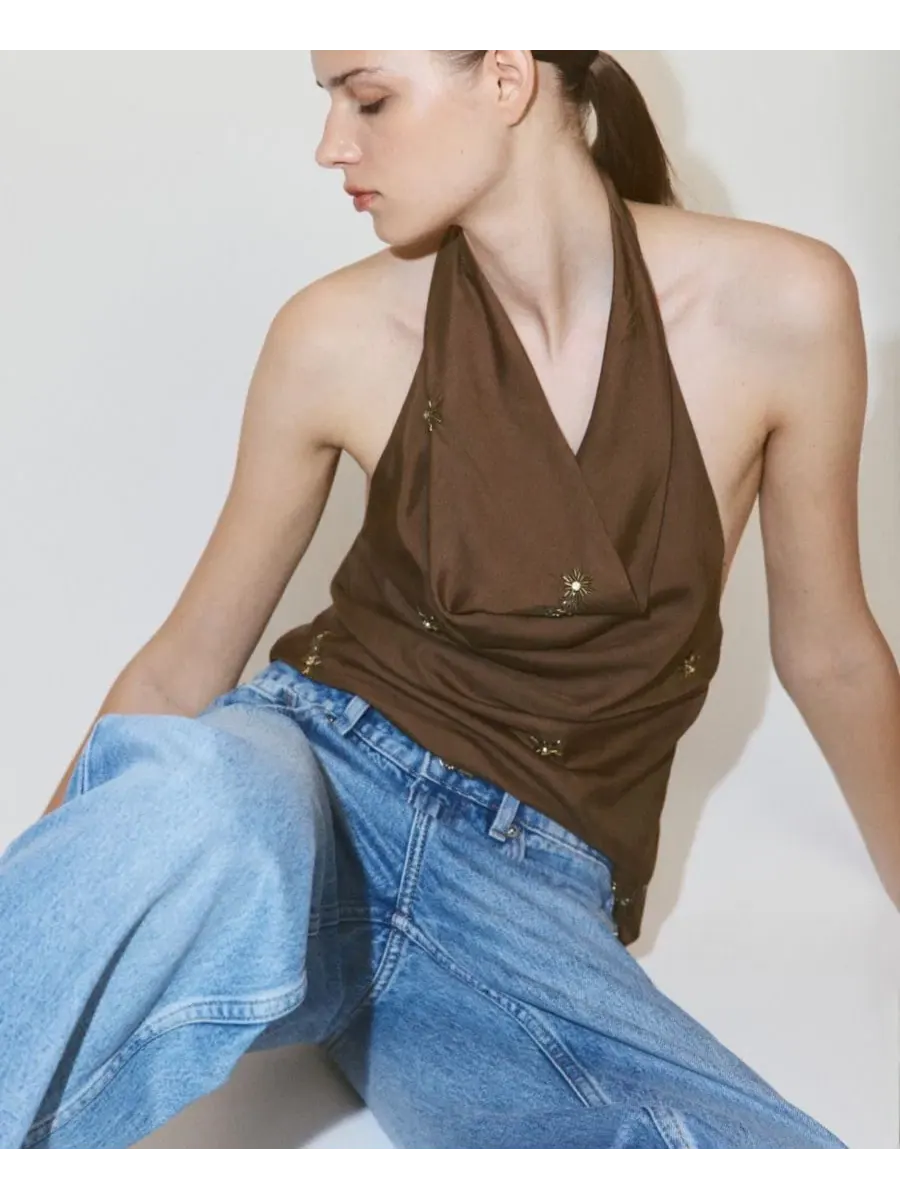 Топ-халтер с вышивкой аппликацией Straight Cut Mango — изображение 3 из 5, коричневый