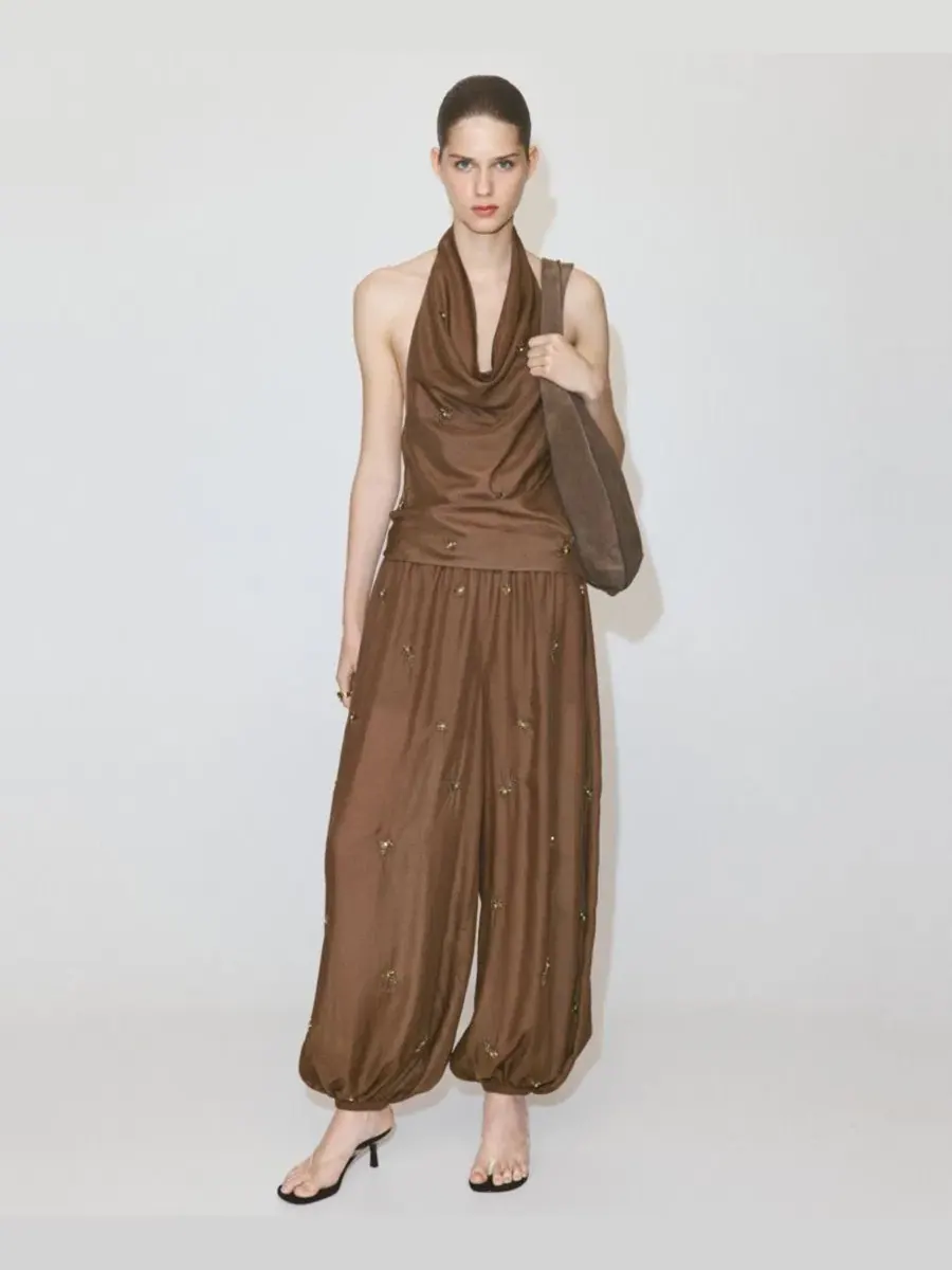 Топ-халтер с вышивкой аппликацией Straight Cut Mango — изображение 5 из 5, коричневый