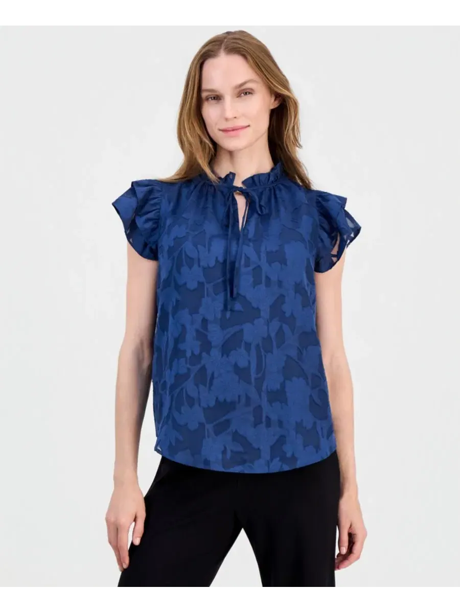 Блузка с рюшами и завязкой спереди Floral Ruffle-Sleeve Tie-Neck Blouse Anne Klein