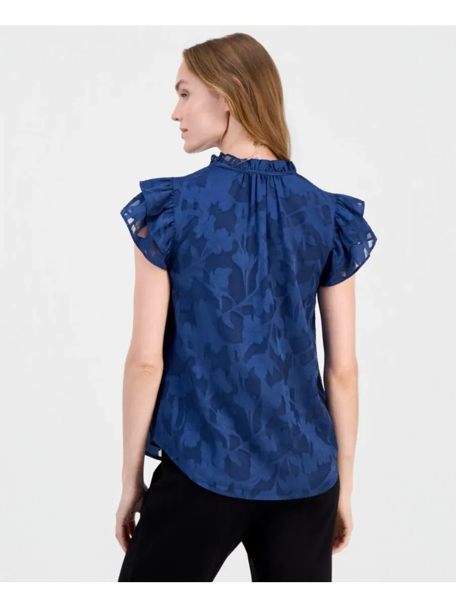 Блузка с рюшами и завязкой спереди Floral Ruffle-Sleeve Tie-Neck Blouse Anne Klein — изображение 4 из 4, синий