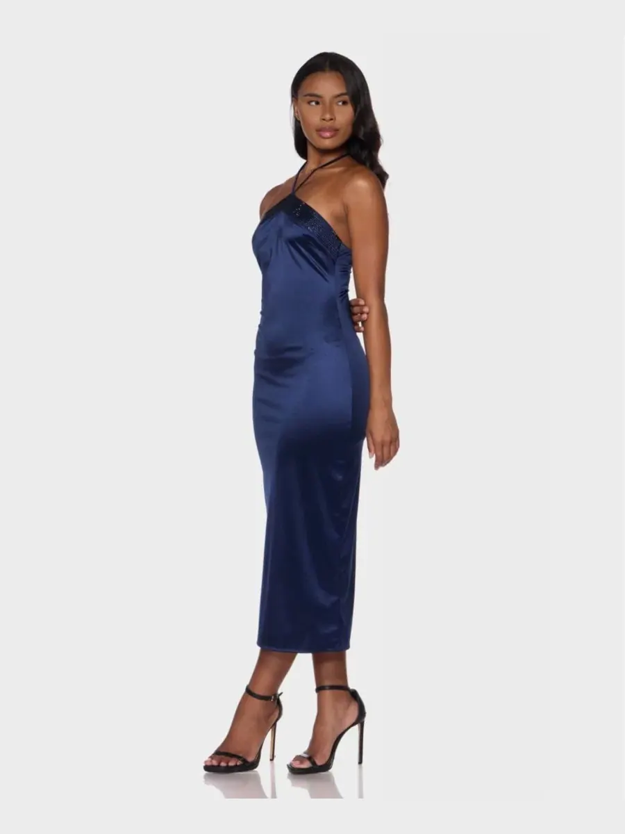 Платье миди с камнями на шее-халтер, модель Stone-Embellished Halter Neck Satin Midi B Darlin — изображение 2 из 5