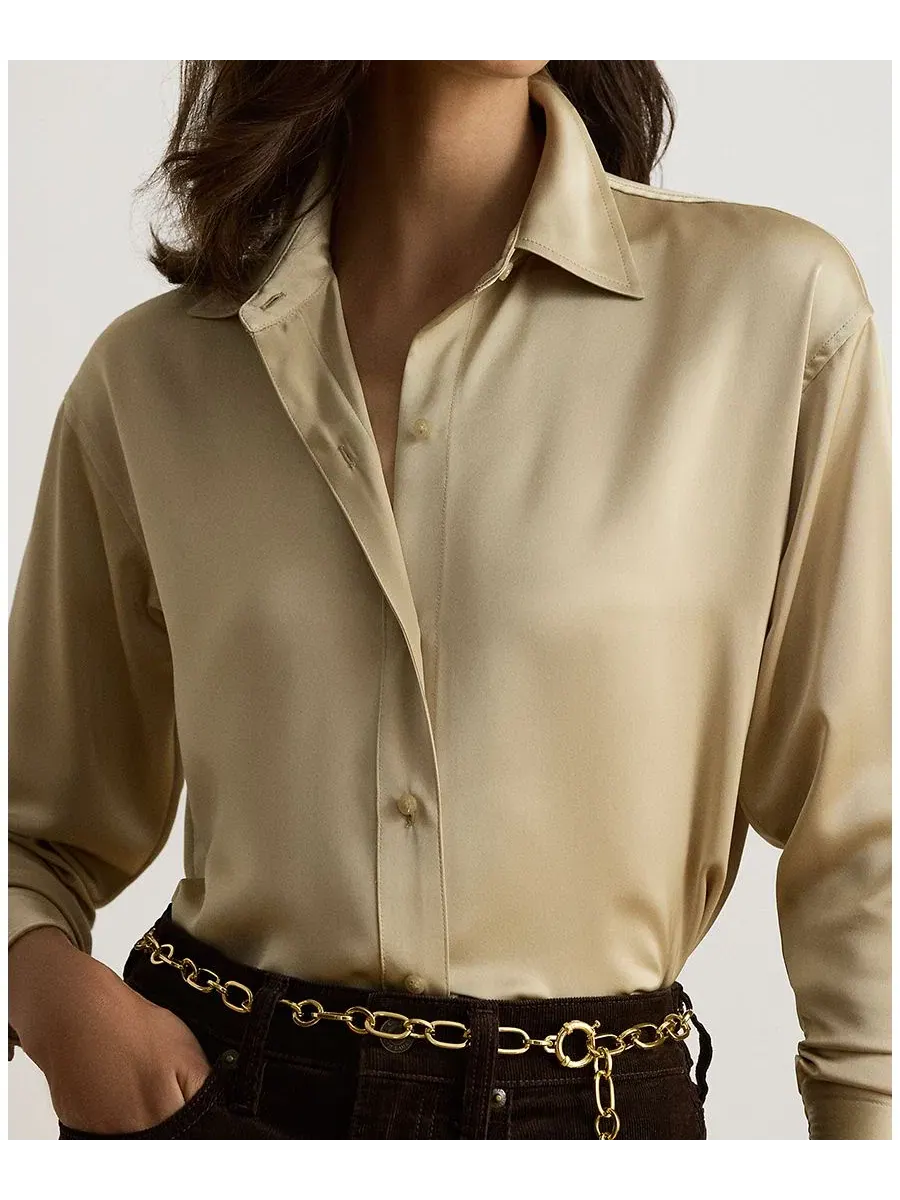 Блуза из сатина с длинным рукавом Lauren Ralph Lauren — изображение 4 из 6, кремовый