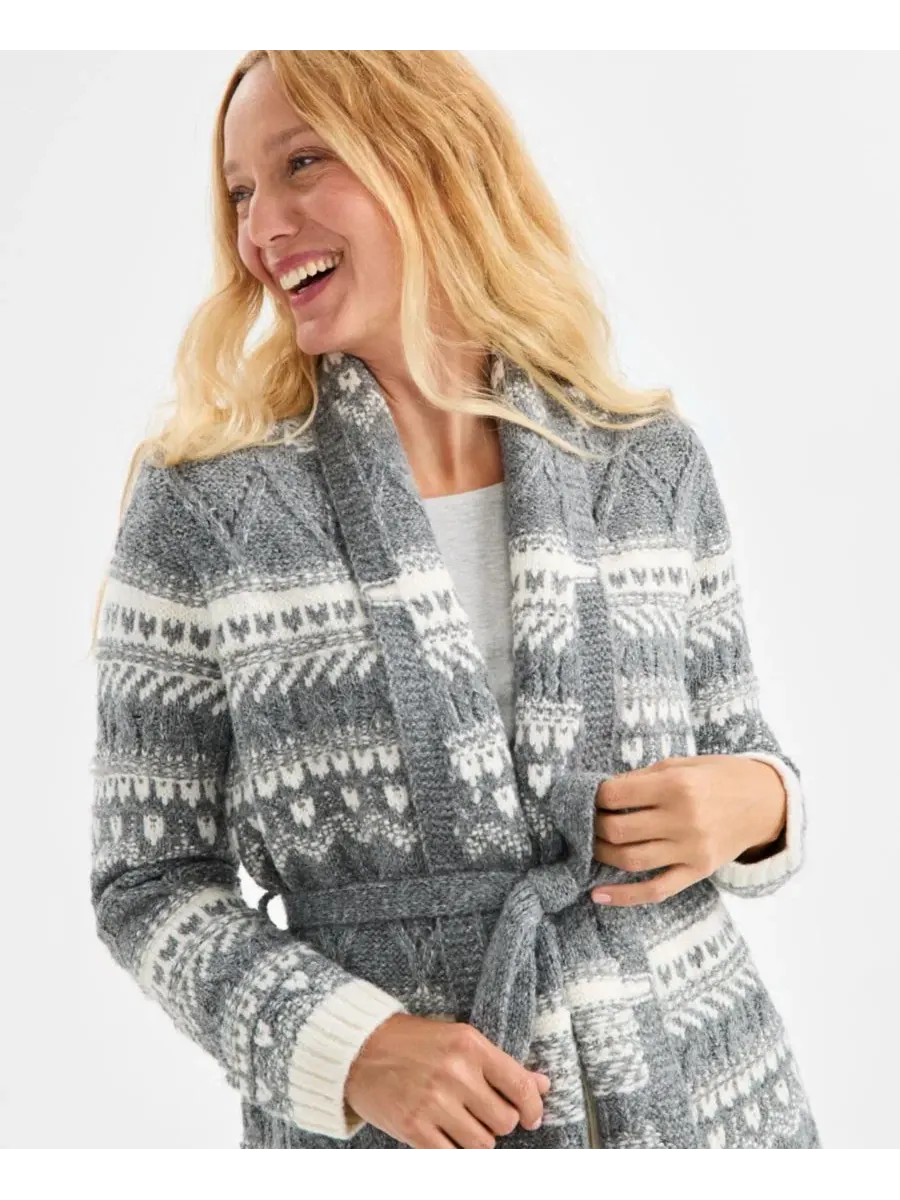 Женский кардиган с поясом Fair Isle Style & Co — изображение 3 из 4, серый