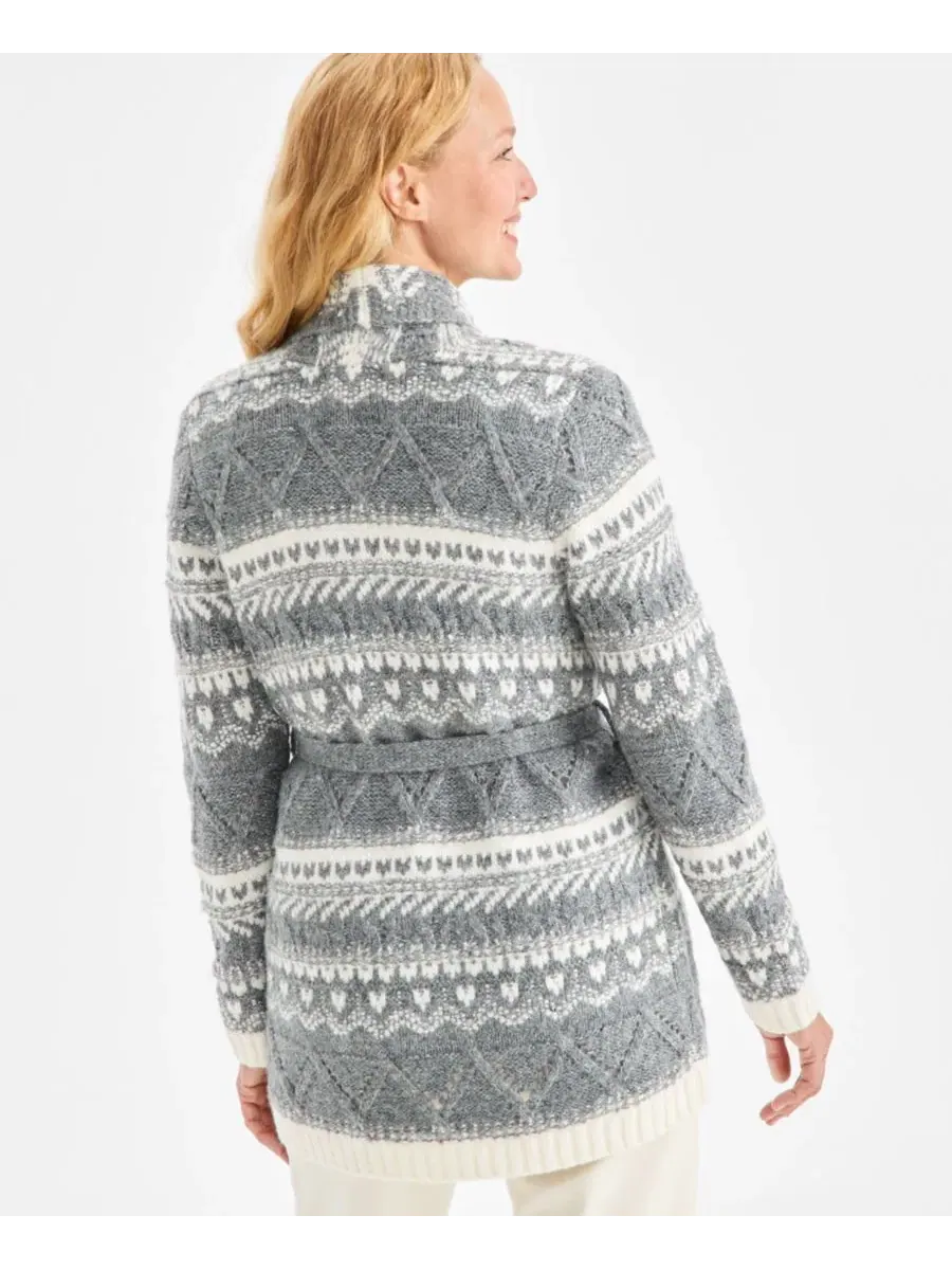Женский кардиган с поясом Fair Isle Style & Co — изображение 4 из 4, серый