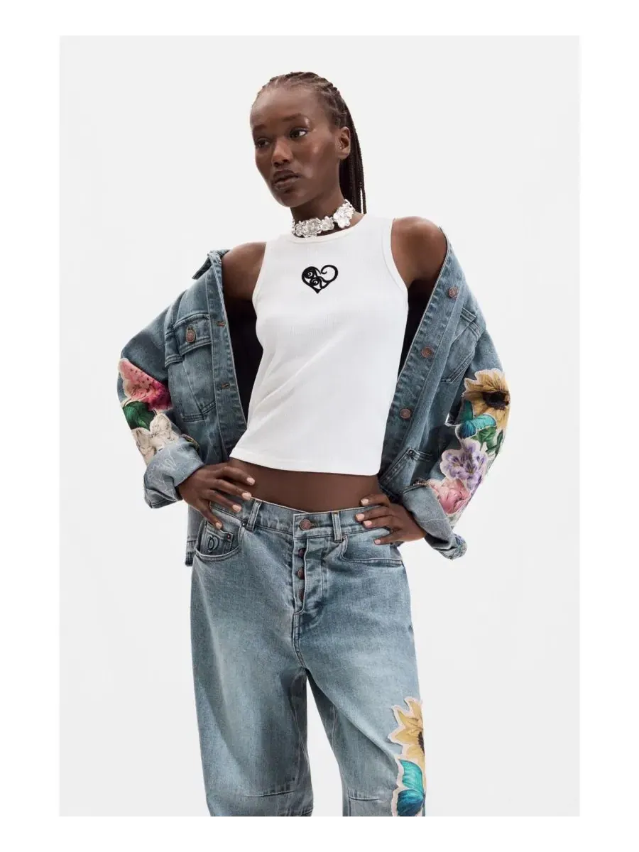 Джинсы прямого кроя с цветочным принтом Desigual — изображение 3 из 6, синий