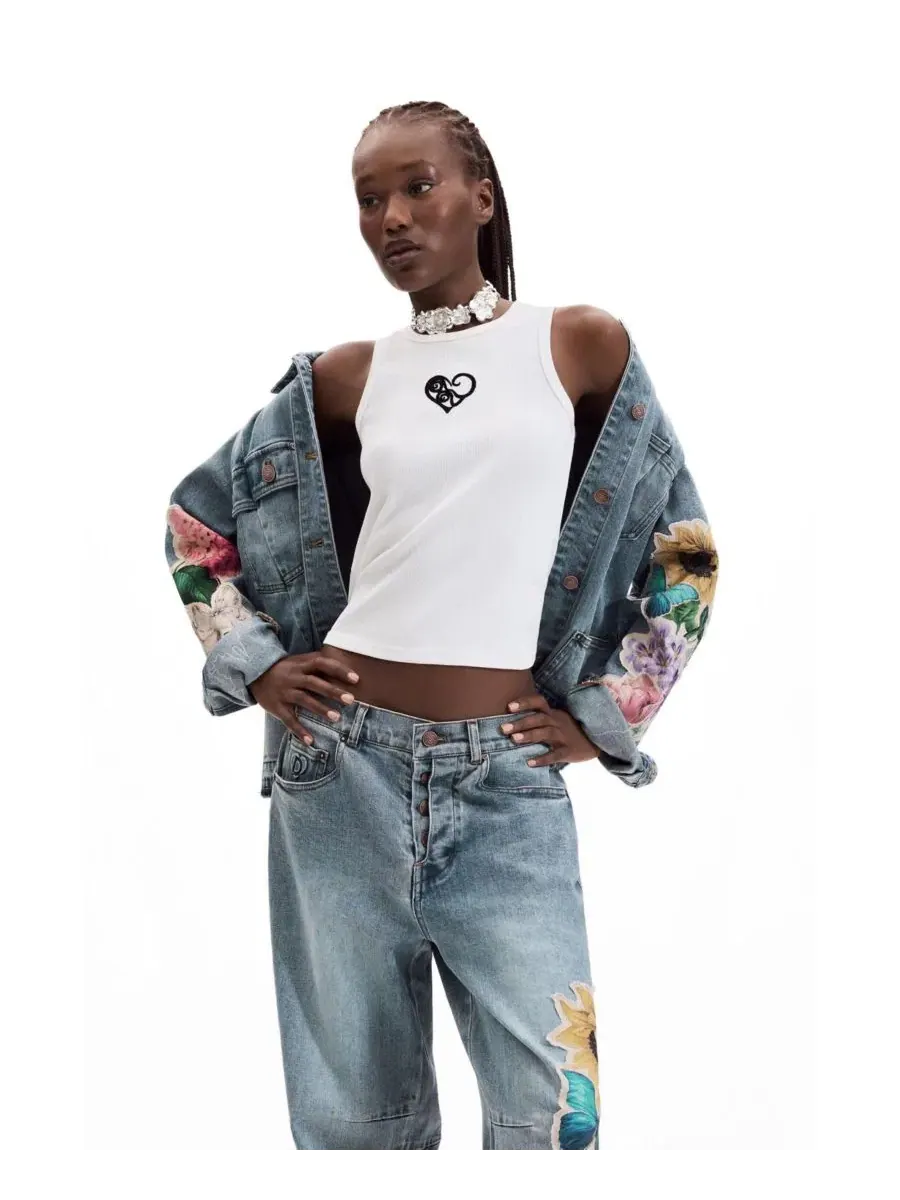 Джинсы прямого кроя с цветочным принтом Desigual — изображение 4 из 6, синий