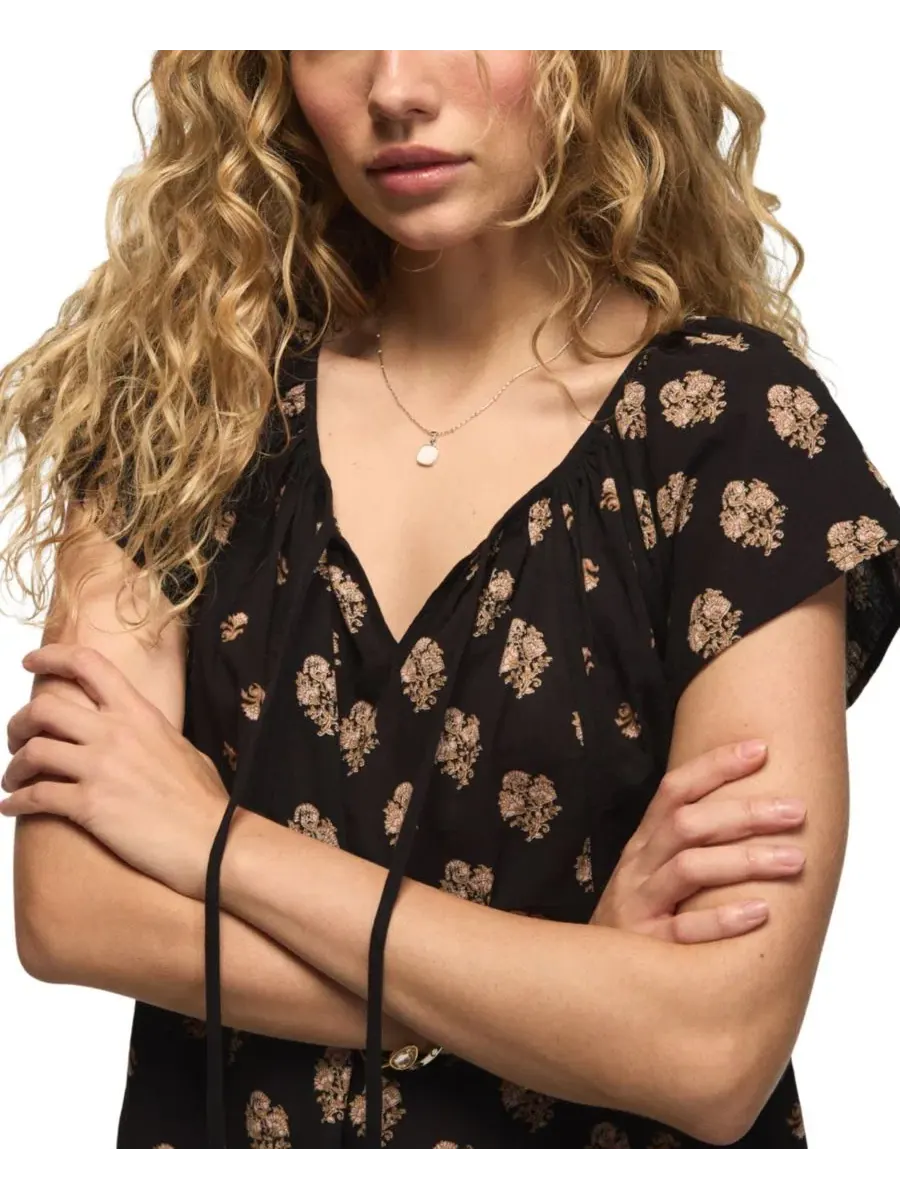 Топ с принтом и вырезом-качели с завязками и кисточками Lucky Brand — изображение 4 из 6, черный