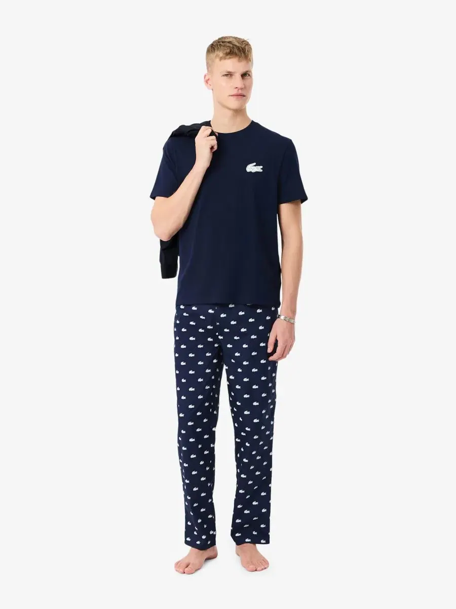 Комплект мужской Lacoste футболка и пижамные штаны, хлопок — изображение 2 из 7, темно-синий синий/белый