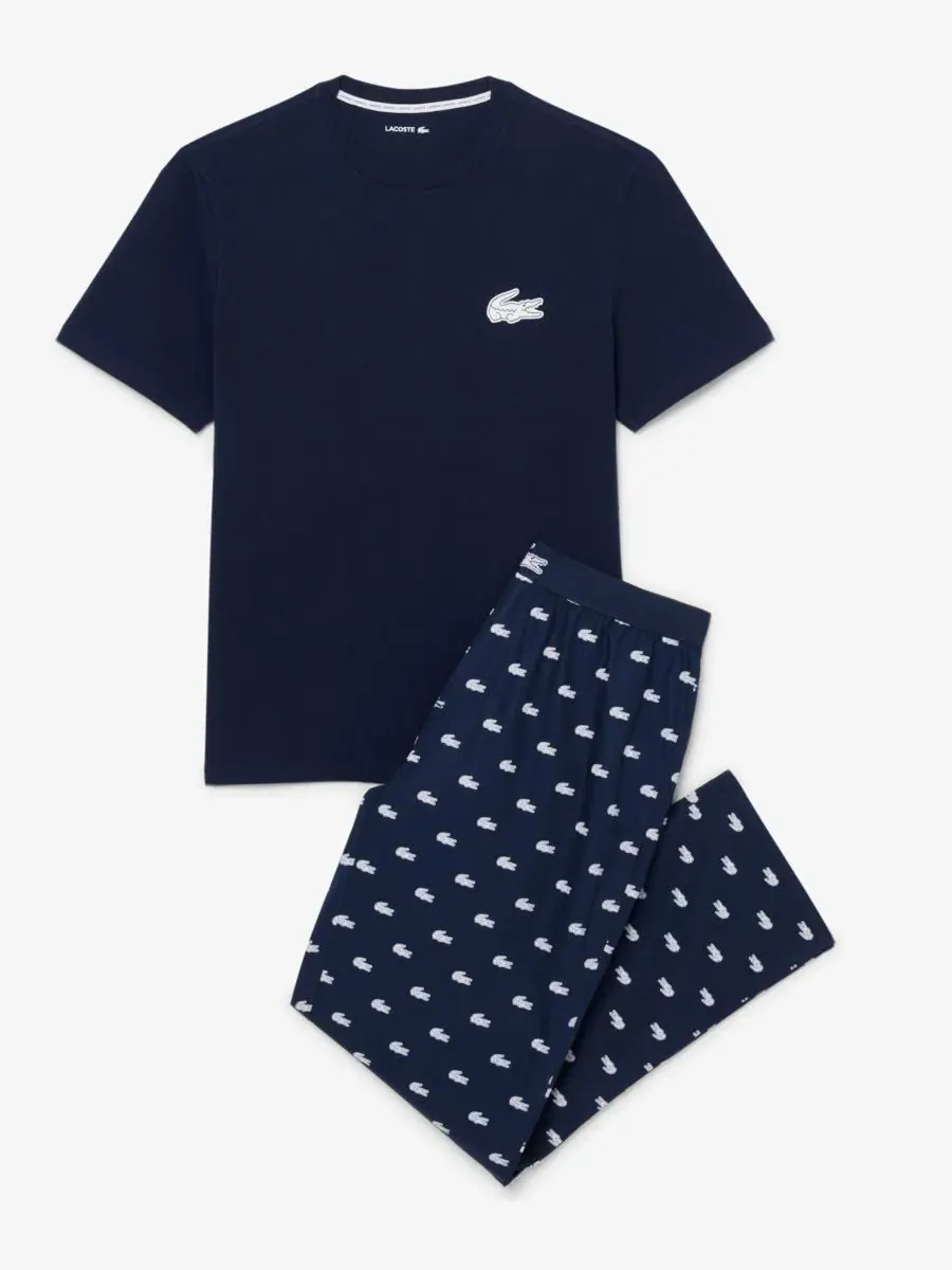 Комплект мужской Lacoste футболка и пижамные штаны, хлопок — изображение 5 из 7, темно-синий синий/белый