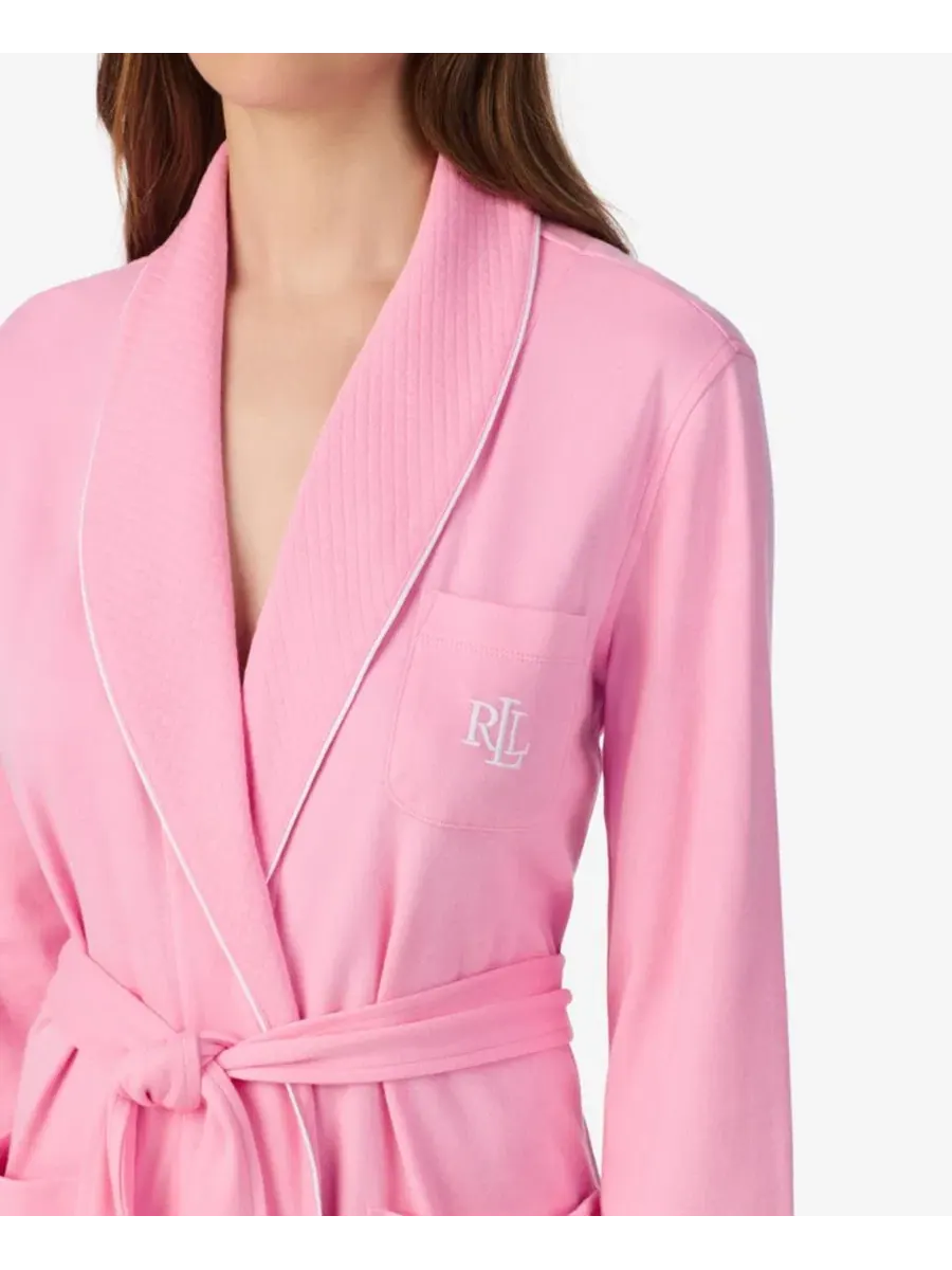 Халат с шалевым воротником, 100% хлопок, модель Long-Sleeve Short Robes Lauren Ralph Lauren — изображение 2 из 3, розовый