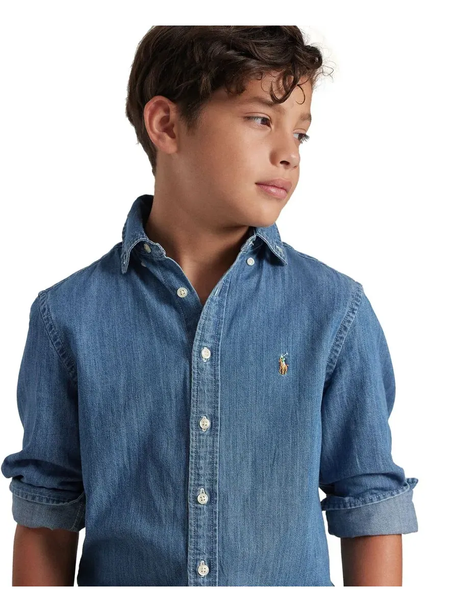 Рубашка и шорты из шамбре для мальчиков постарше Polo Ralph Lauren — изображение 4 из 8, синий