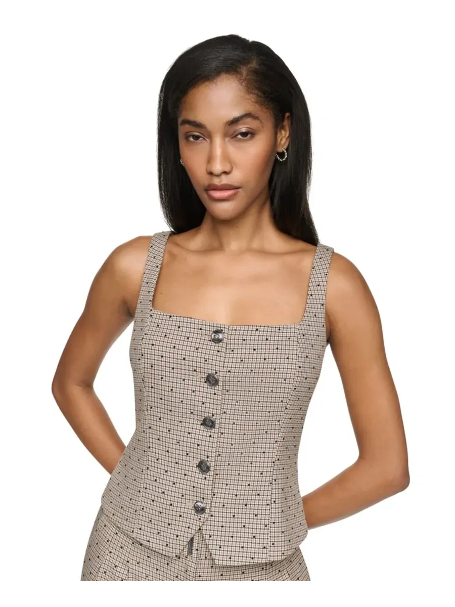 Жилет без рукавов с принтом в клетку, модель Embellished Houndstooth Square Neck DKNY