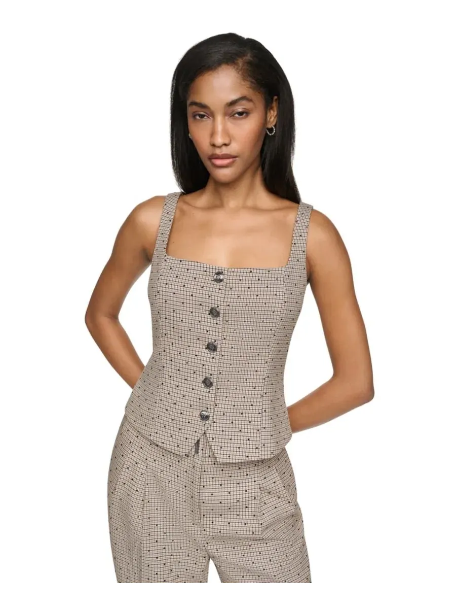 Жилет без рукавов с принтом в клетку, модель Embellished Houndstooth Square Neck DKNY — изображение 2 из 8, черный мульти