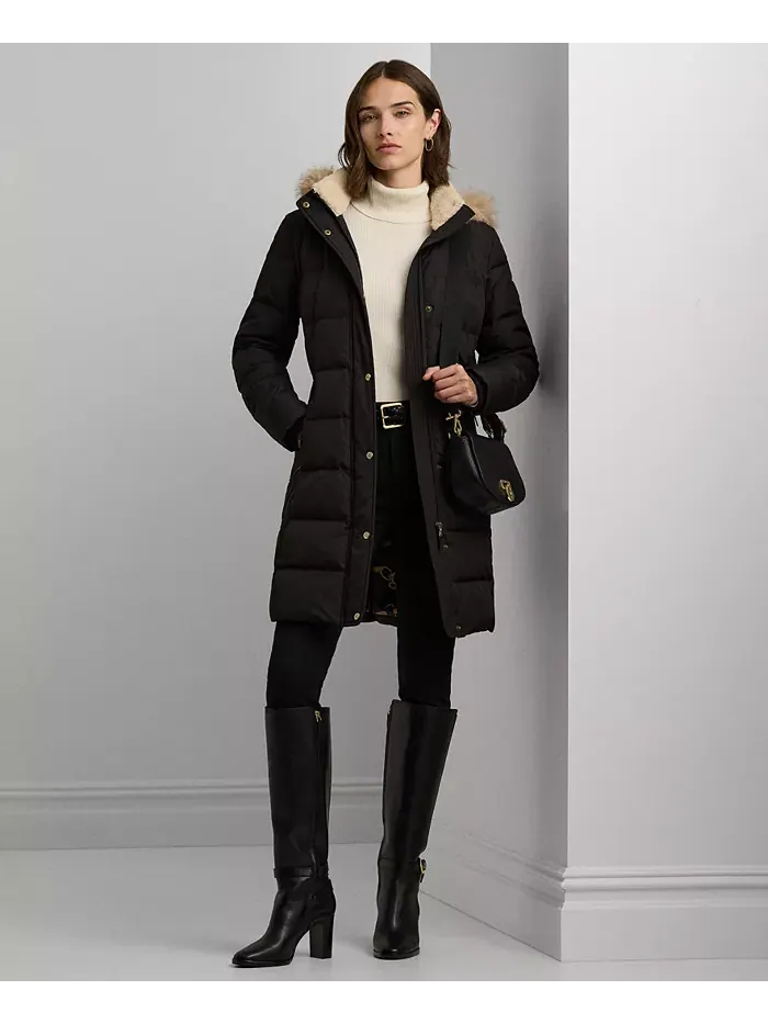 Женское стеганое пальто с капюшоном из искусственного меха, размеры P/XS–XXL Lauren Ralph Lauren — изображение 1 из 1, черный