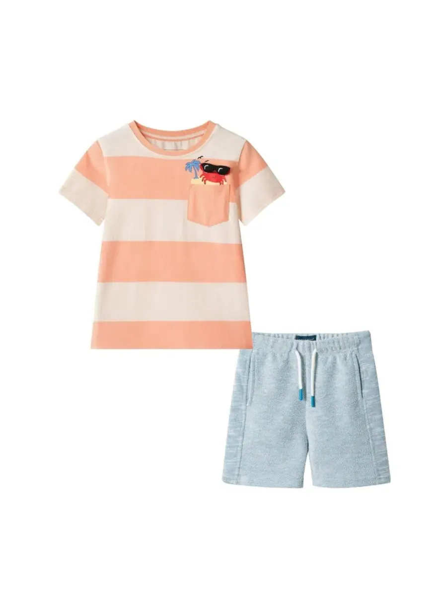 Комплект футболки и шорт с принтом краба, модели Striped Crab Graphic Pocket Tee Set Andy & Evan