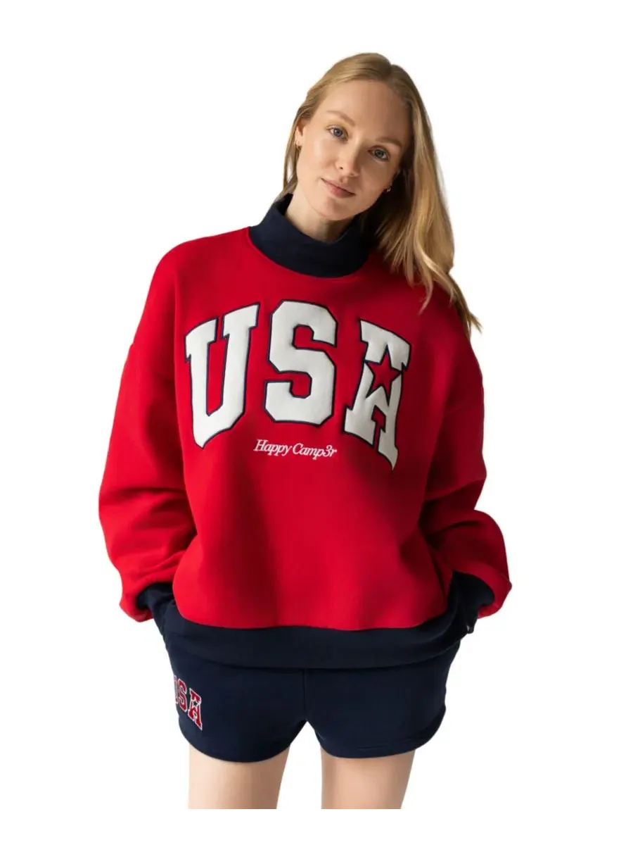 Женский свитшот с принтом USA Mock Neck Sweatshirt The Happy Camp3r — красный