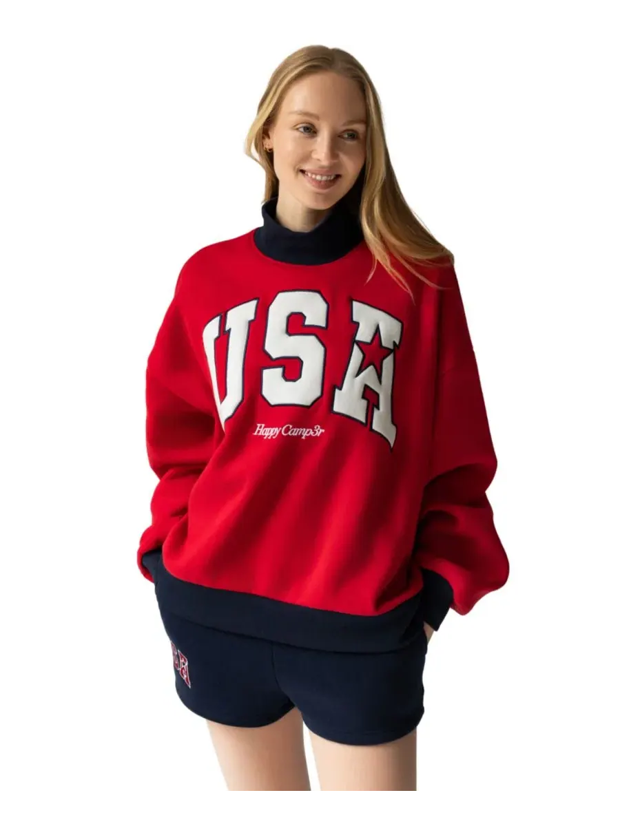 Женский свитшот с принтом USA Mock Neck Sweatshirt The Happy Camp3r — изображение 6 из 7, красный