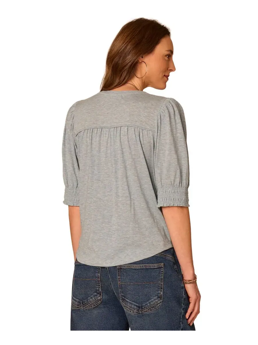 Блузка с рукавом до локтя и мандариновым воротником Smocking and Pintuck Knit Democracy — 4