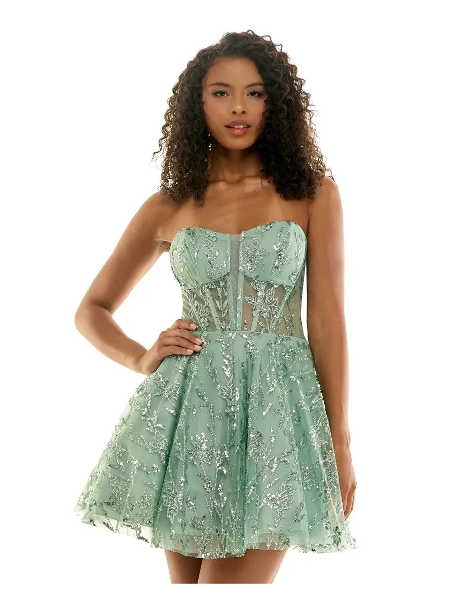 Платье-бюстье с блестками, модель Glitter Strapless Bustier Corset Fit & Flare Mini Dress SENI & — изображение 2 из 6