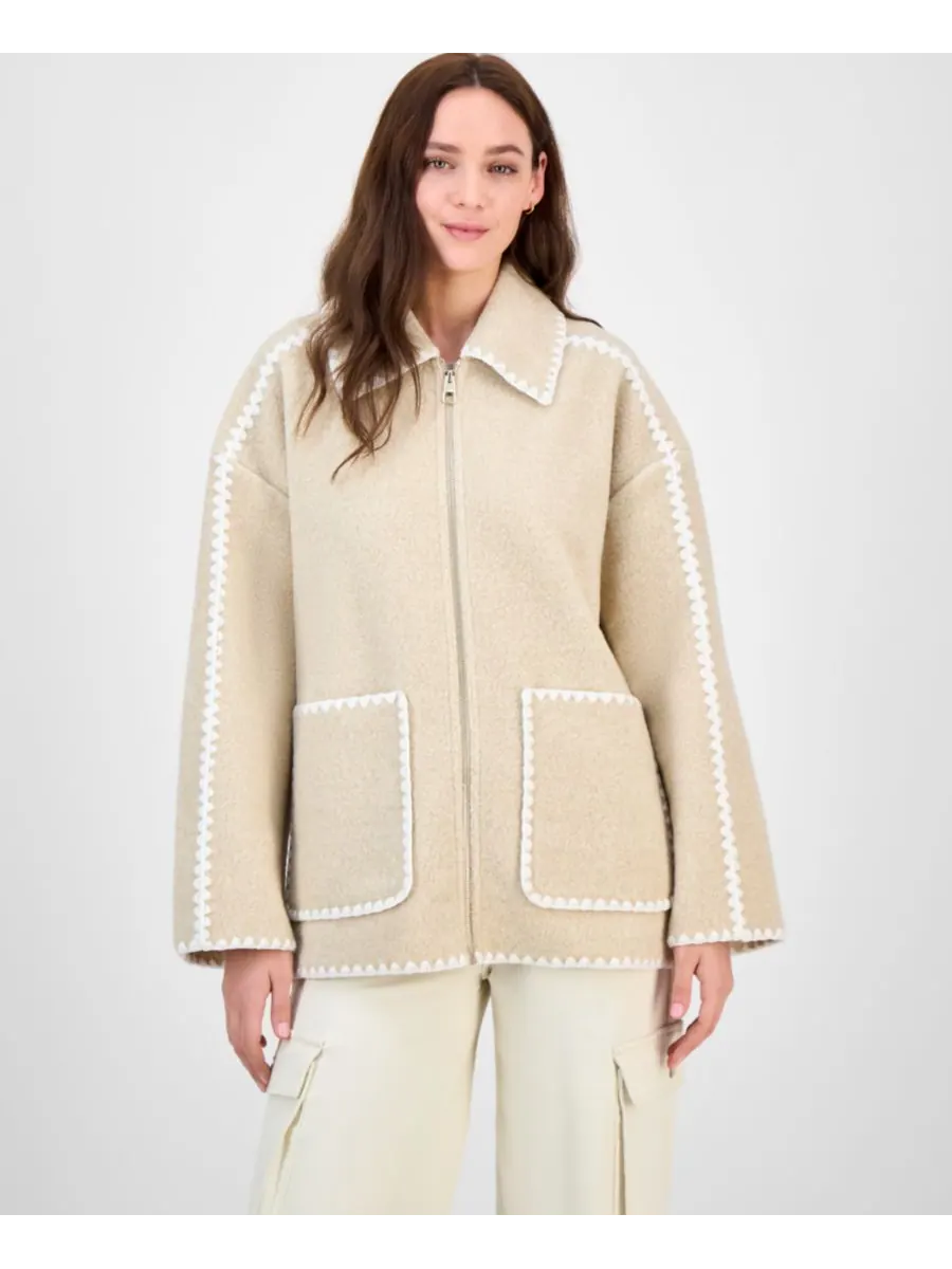 Женское короткое пальто с воротником и застежкой-молнией BCBGMAXAZRIA — изображение 3 из 5, овсяный