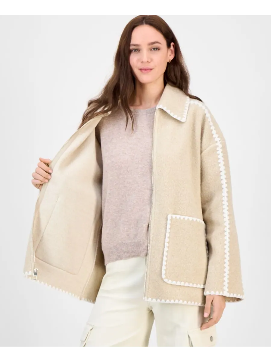 Женское короткое пальто с воротником и застежкой-молнией BCBGMAXAZRIA — изображение 4 из 5, овсяный