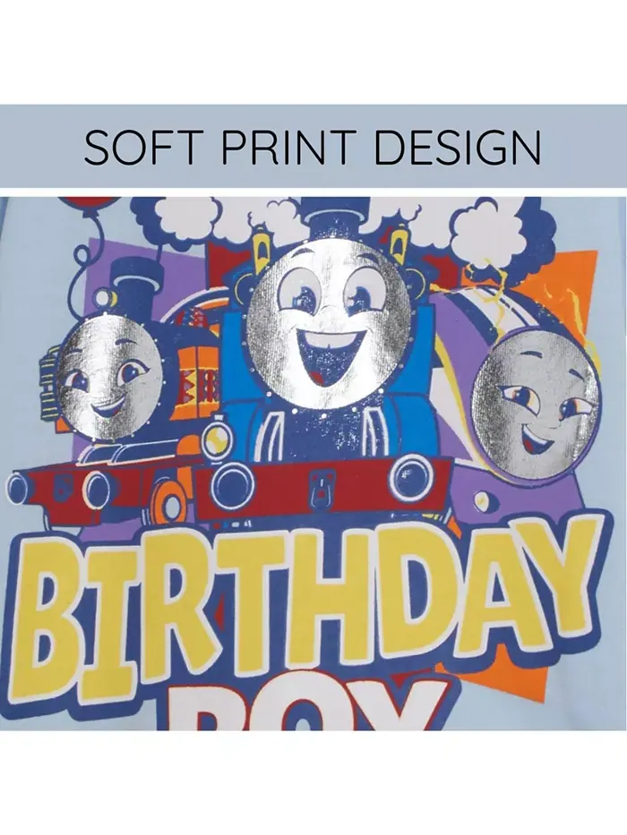 Футболка для мальчиков с металлическим принтом "Birthday" Thomas & Friends — изображение 3 из 5, бледный синий