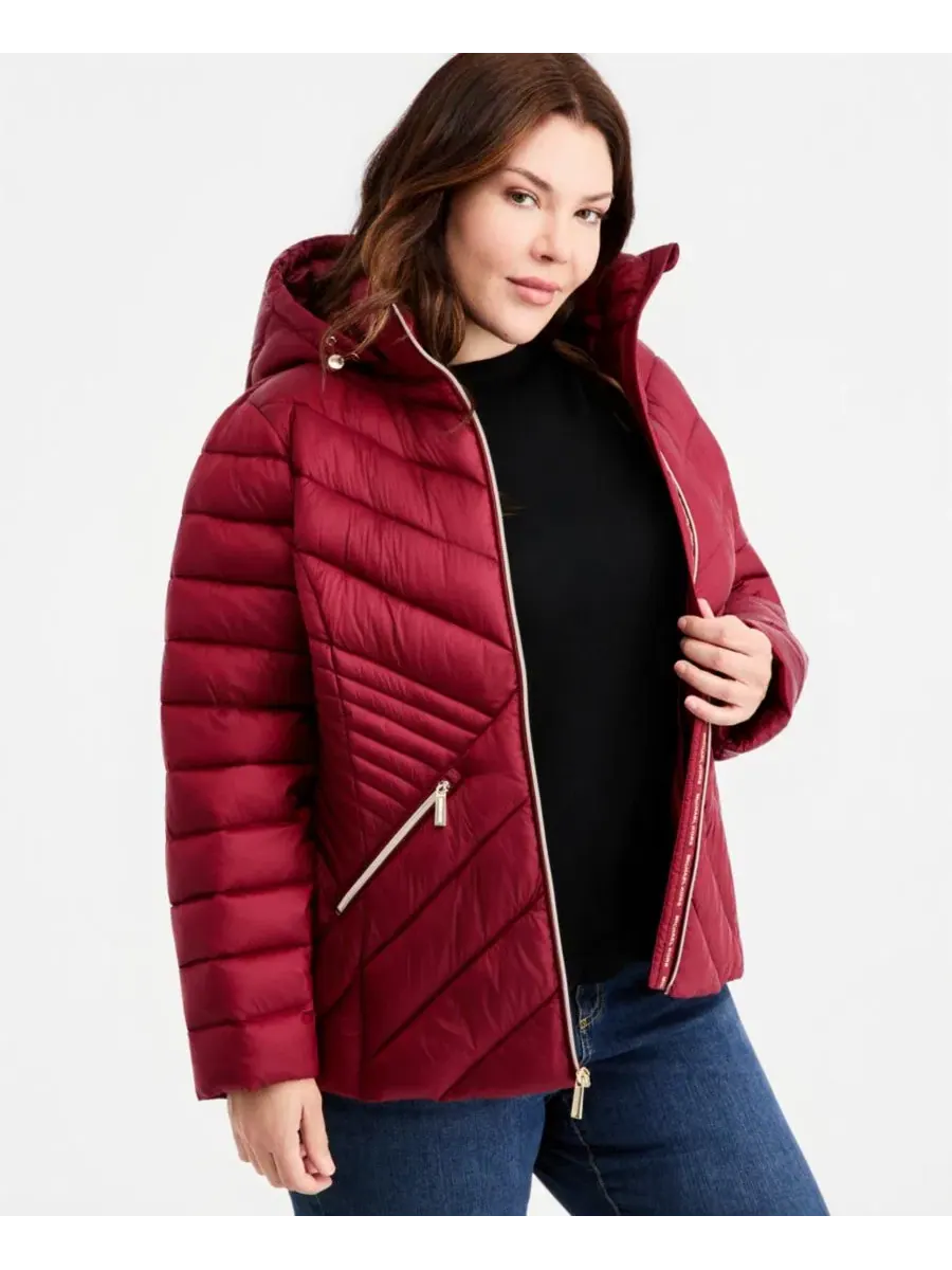 Пуховик с капюшоном и поясом Michael Kors — изображение 2 из 5, глубокий красный