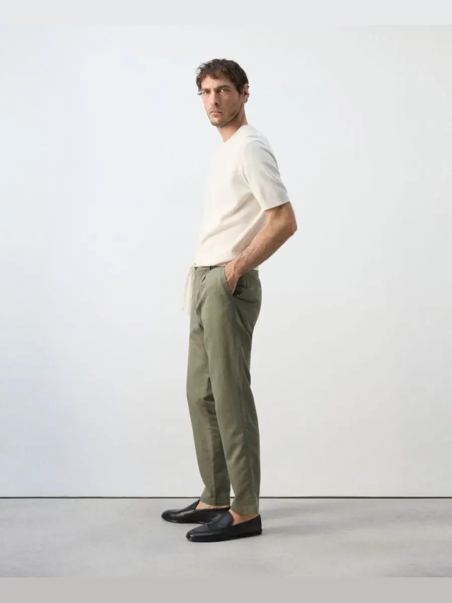 Брюки-слим скинни укороченные из льна и хлопка Slim-Fit Cropped Cotton-Linen Pants MANGO — изображение 5 из 7, зеленый