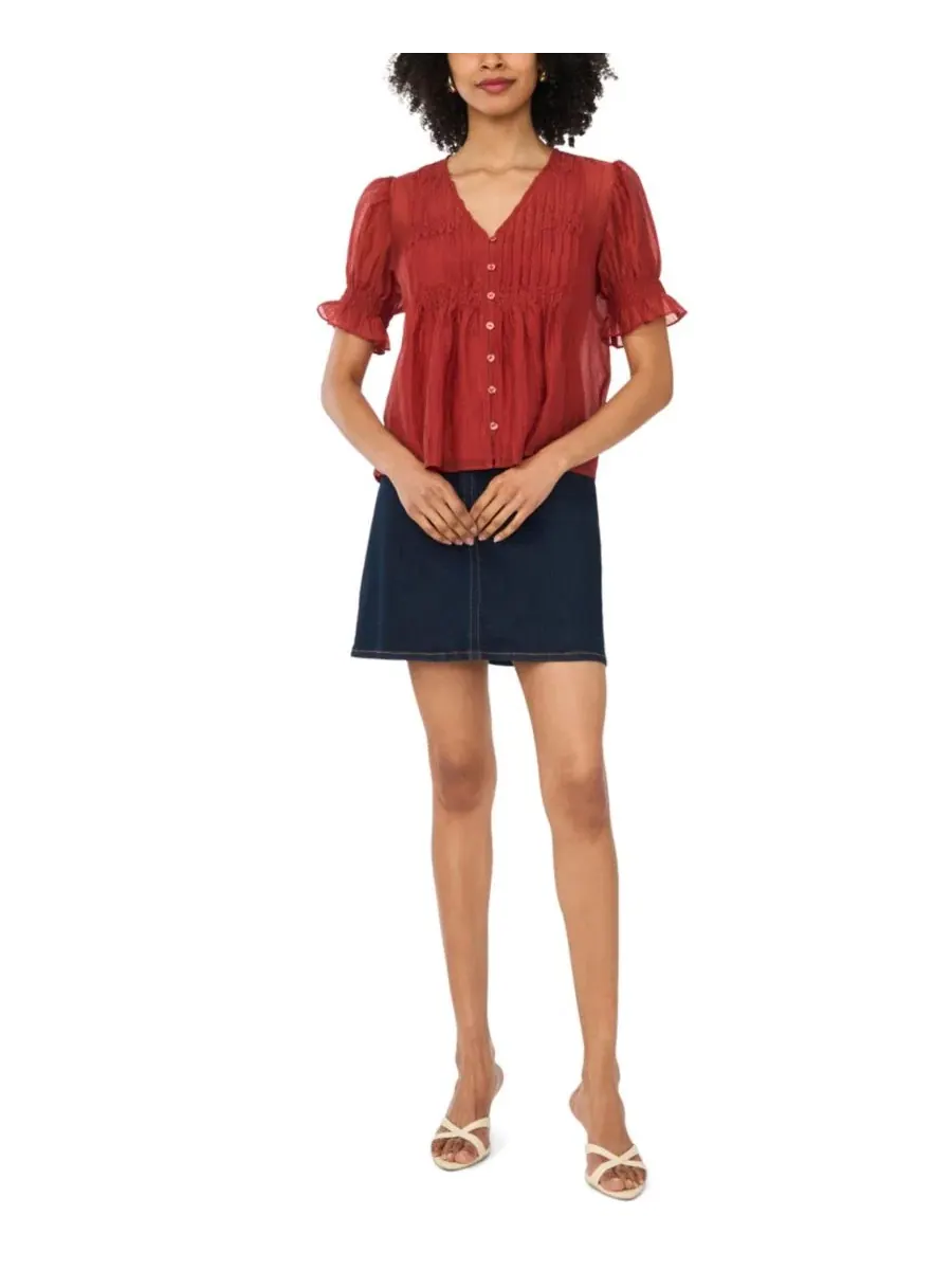 Блузка с застежкой на пуговицы, короткими рукавами и V-образным вырезом, модель Pintuck — изображение 2 из 5, красный