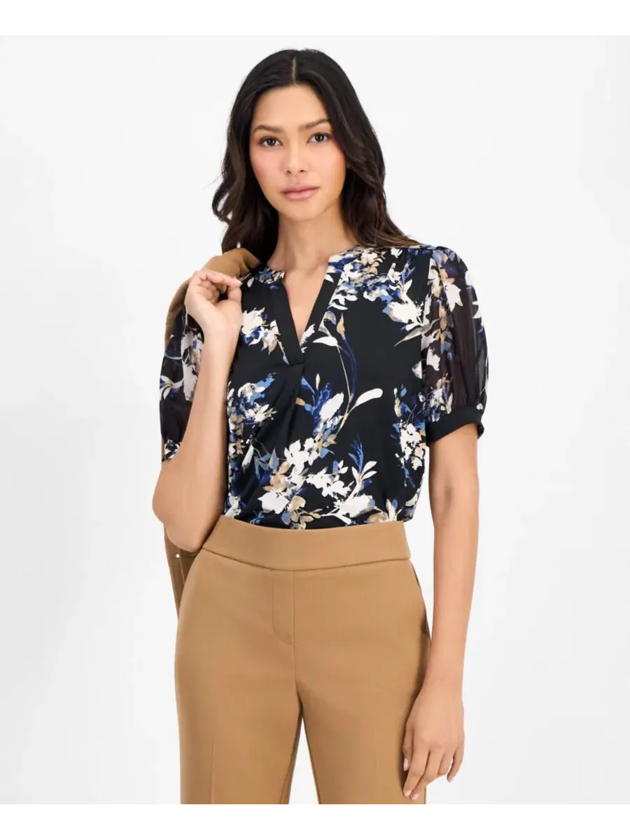 Блуза с разрезом и рукавом 3/4, модель Floral Split-Neck Anne Klein Essentials