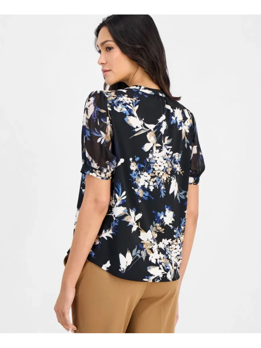 Блуза с разрезом и рукавом 3/4, модель Floral Split-Neck Anne Klein Essentials — изображение 2 из 3, черный