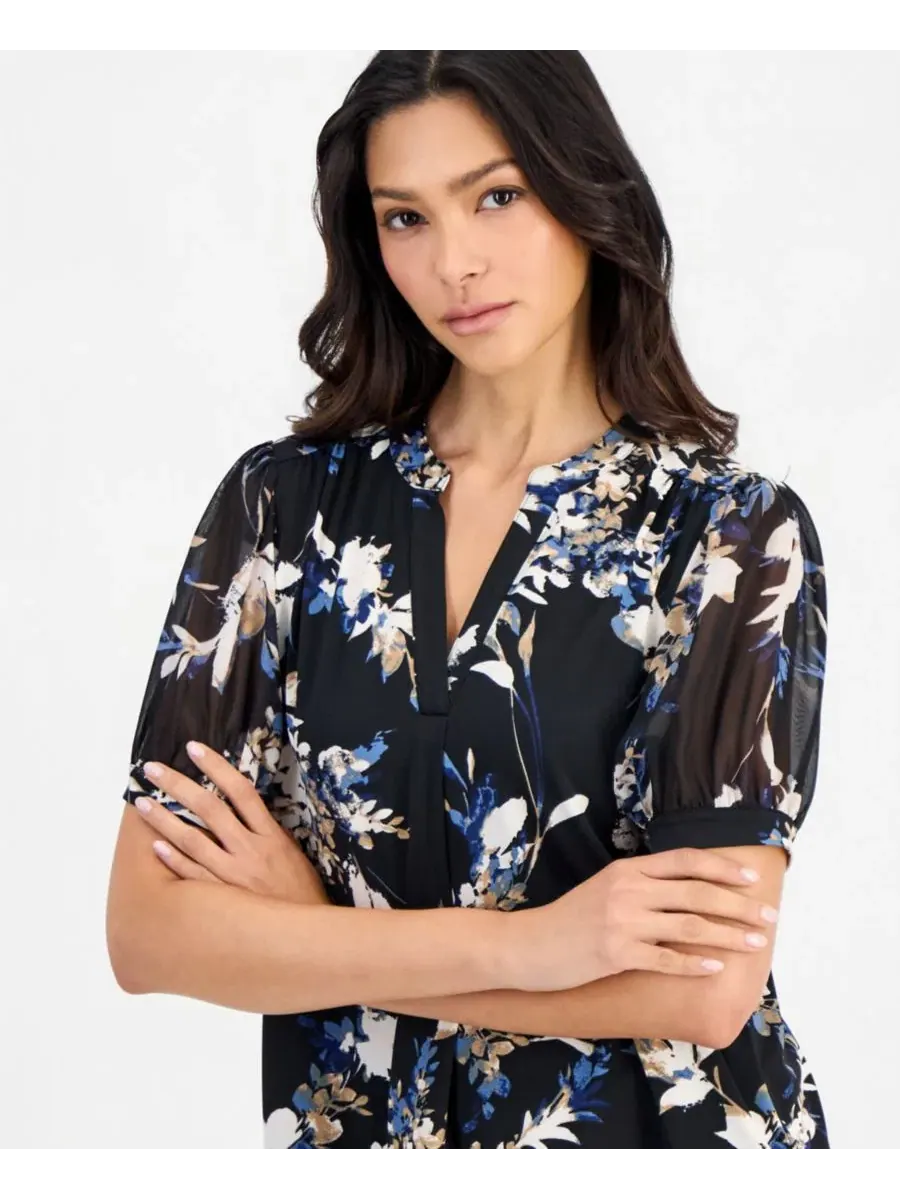 Блуза с разрезом и рукавом 3/4, модель Floral Split-Neck Anne Klein Essentials — изображение 3 из 3, черный