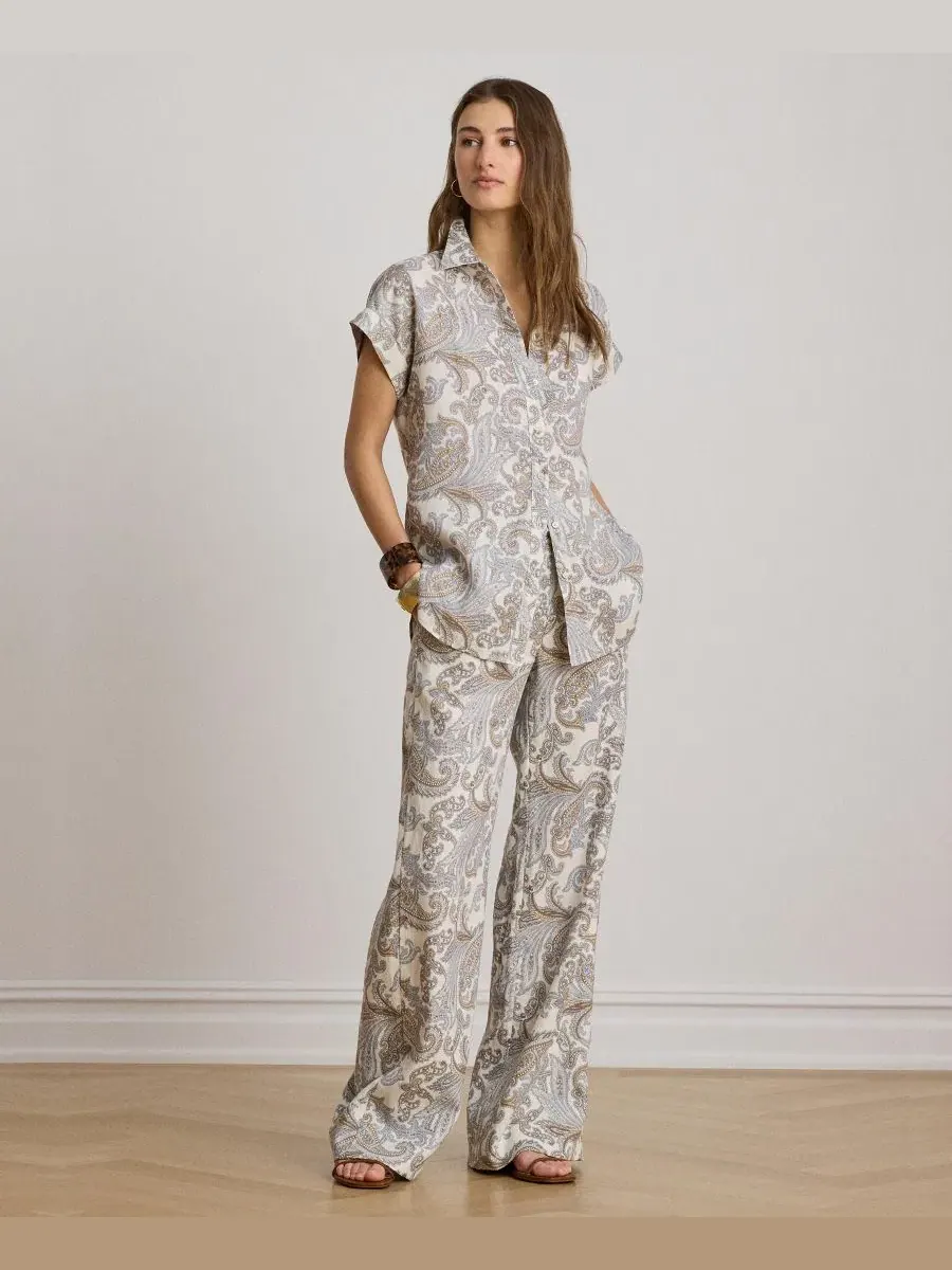 Женская рубашка с принтом пейсли, с коротким рукавом и отложным воротником Lauren Ralph Lauren — изображение 5 из 6