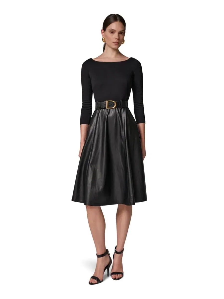 Платье-трапеция с поясом Mixed Media Belted Fit & Flare Donna Karan New York