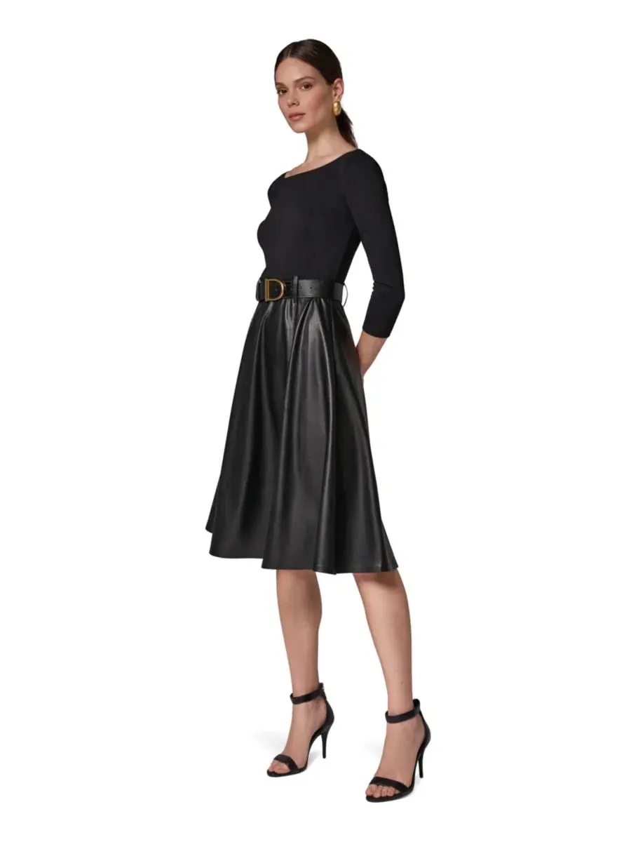Платье-трапеция с поясом Mixed Media Belted Fit & Flare Donna Karan New York — изображение 2 из 7, черный